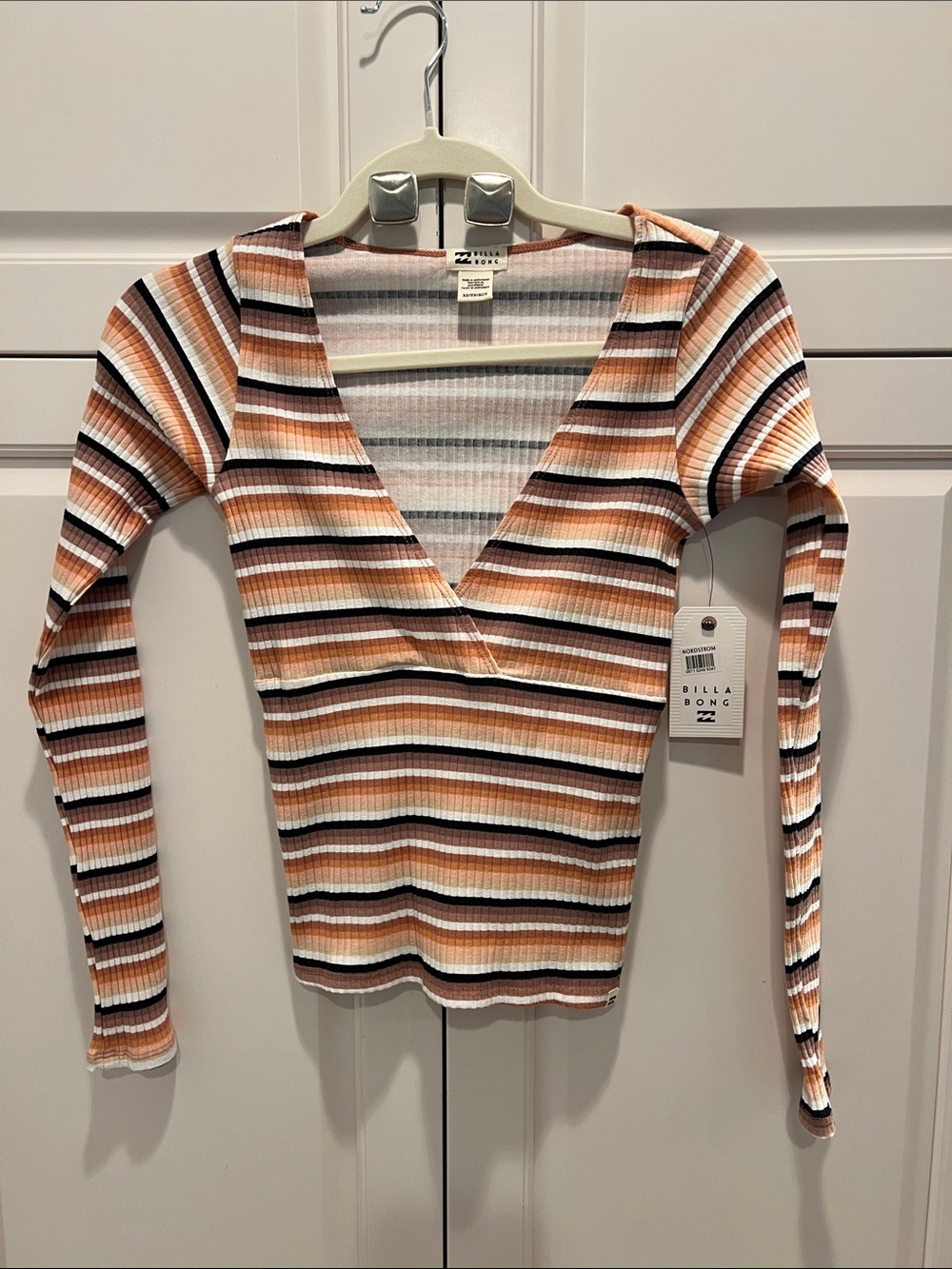 Billabong Striped V-Neck Long Sleeve Top in Rust, White & Black